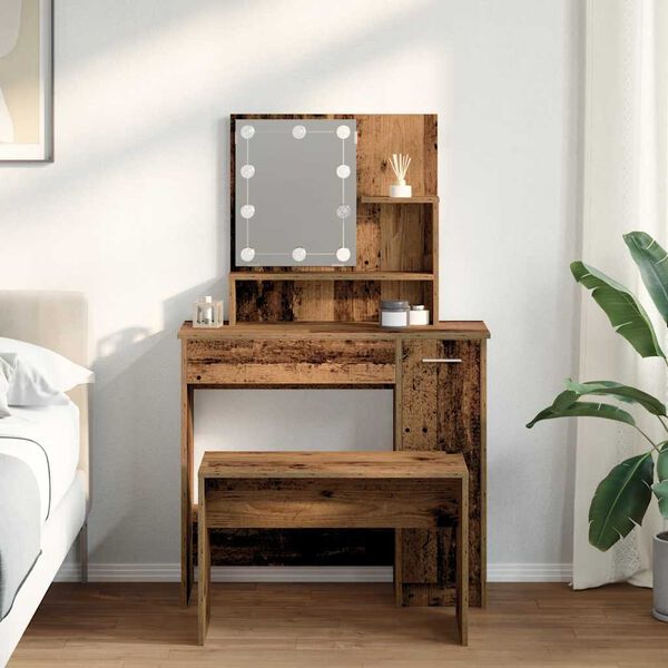 vidaXL Dressing Table Set with LED Old Wood Engineered Wood