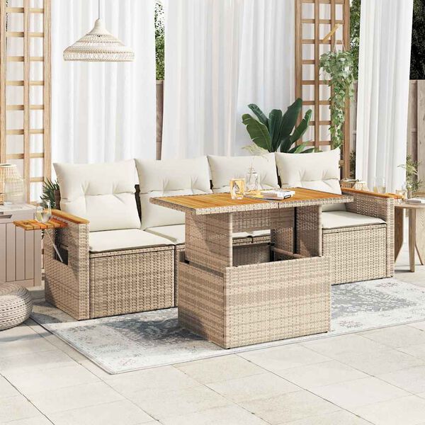 vidaXL 5 Piece Garden Sofa Set with Cushions Beige Poly Rattan Acacia