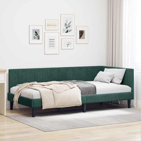 vidaXL Corner Bed Frame Dark Green 90 cm x 190 cm Velvet