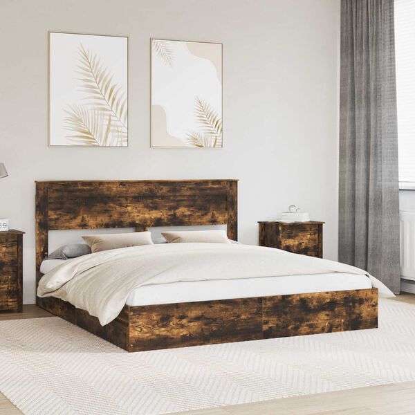 vidaXL Storage Bed with Drawer Smoked Oak 180 x 200 cm Engineered Wood