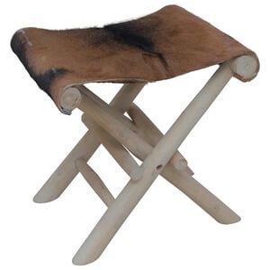 vidaXL Folding Stool | Brown | Real goat leather, solid teak wood | Medium