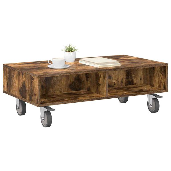vidaXL Side Table with Wheels Smoked Oak 90 x 50 x 30 cm