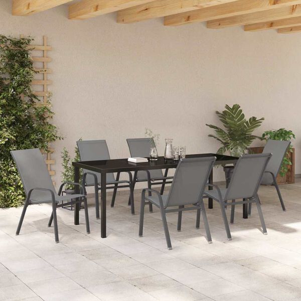 vidaXL Garden Dining Set 7 pcs Grey and Black Powder-coated Steel