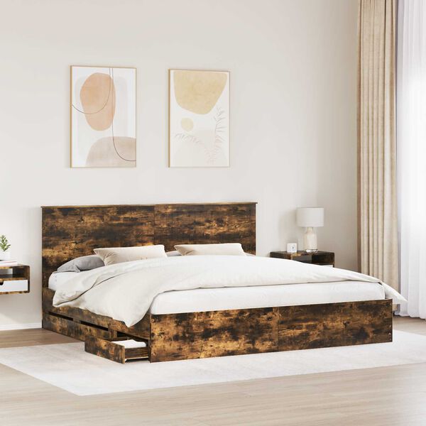 vidaXL Bed Frame with Headboard Smoked Oak 200 x 200 cm Engineer Wood