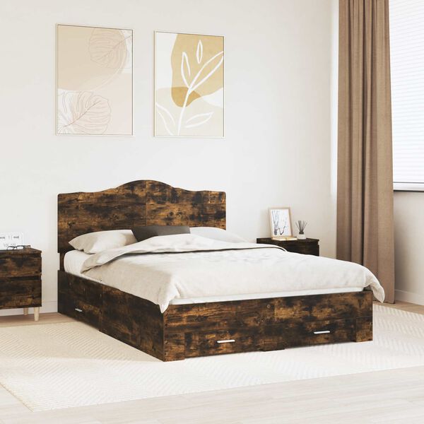 vidaXL Bed Frame with Drawer Smoked Oak 150 x 200 cm Engineered Wood