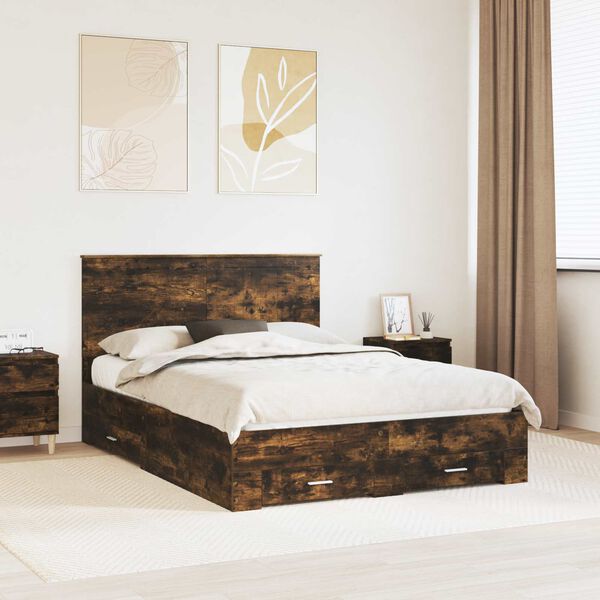 vidaXL Bed Frame with Drawer Smoked Oak 140 x 200 cm Engineered Wood