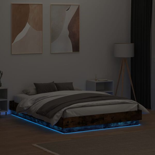 vidaXL Bed Frame with LED without Mattress Smoked Oak 135x190 cm Double