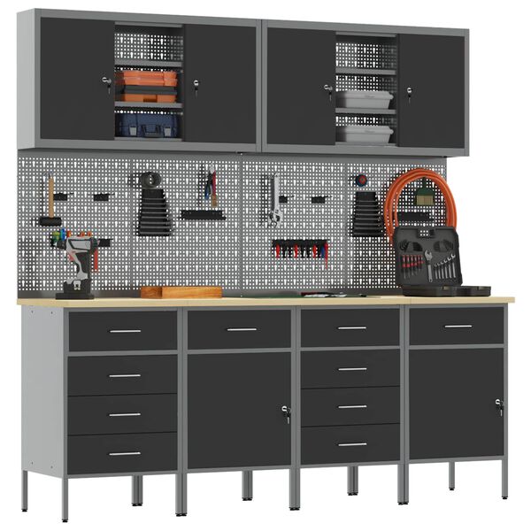 vidaXL Work Cabinet with Drawer 10 pcs Black Engineered Wood and Steel