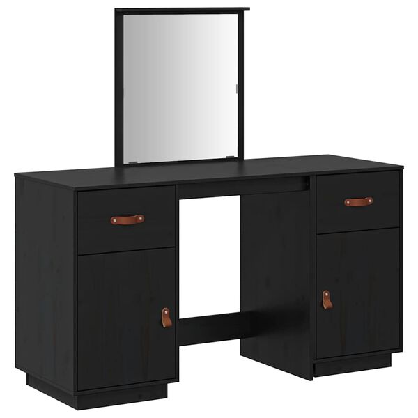 vidaXL Dressing Table Set with a Mirror Black Solid Wood Pine
