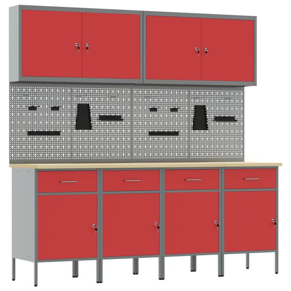vidaXL Work Cabinet with Drawer 10 pcs Red Engineered Wood and Steel