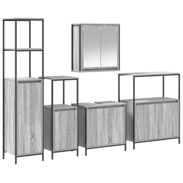 vidaXL Bathroom Furniture Set with Shelf 5 pcs Grey Sonoma and Black
