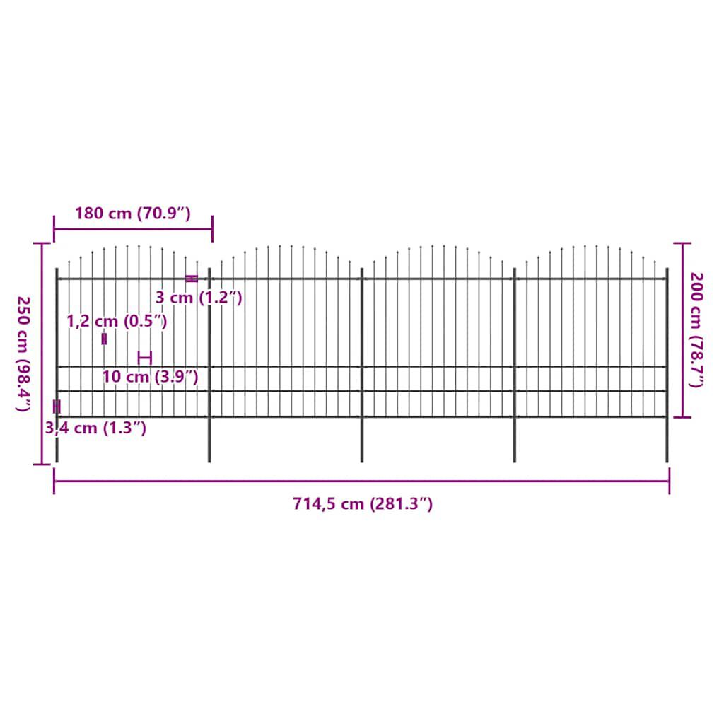 vidaXL Garden Fence with Spear Top Steel (1.75-2)x6.8 m Black