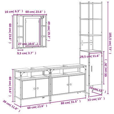 vidaXL 4 Piece Bathroom Cabinet Set Grey Sonoma Engineered Wood