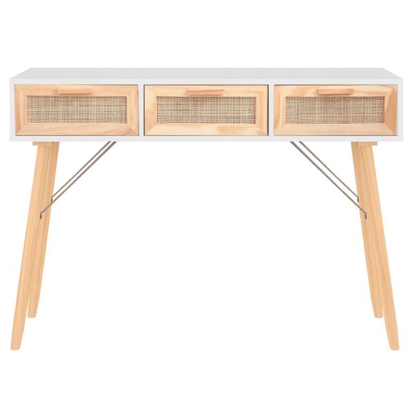 vidaXL Console Table White 105x30x75 cm Solid Wood Pine&Natural Rattan