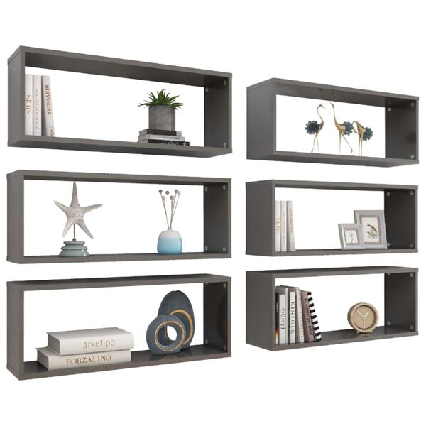vidaXL Wall Cube Shelf 6 pcs High Gloss Grey 60x15x23 cm Engineered Wood