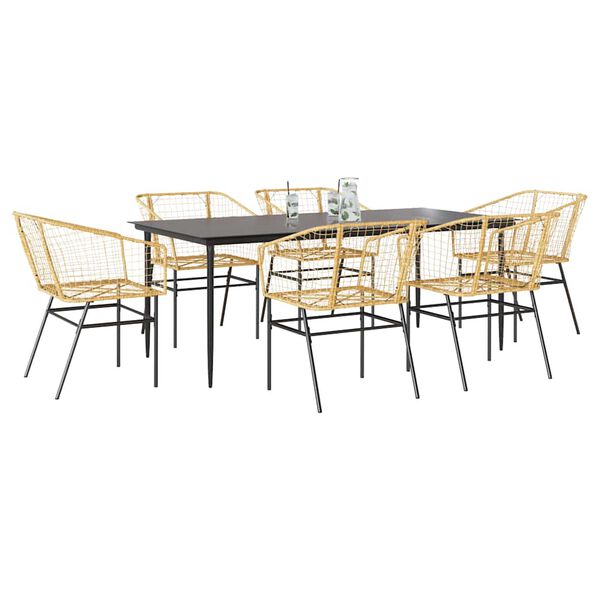 vidaXL 7 Piece Garden Dining Set Brown Poly Rattan Glass
