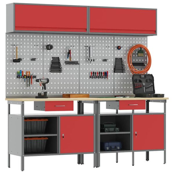 vidaXL Work Bench Set with Drawer 8 pcs Red 200 x 55 x 200 cm Steel