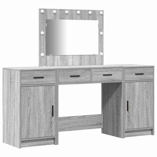 vidaXL Dressing Table with Mirror Lights 3 pcs Grey Engineered Wood