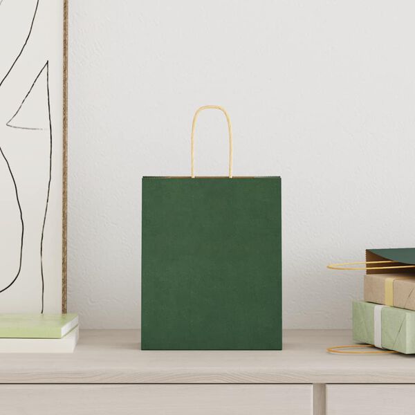 vidaXL Paper Bags 250 pcs with Handles Green 18x8x22 cm