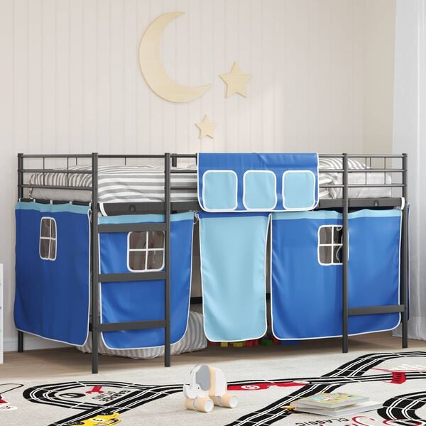 vidaXL Kids'Loft Bed Frame with Curtains Black and Blue 80 x 201 cm