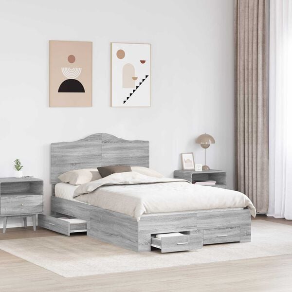 vidaXL Bed Frame with Drawer Grey Sonoma 135 x 190 cm Engineered Wood