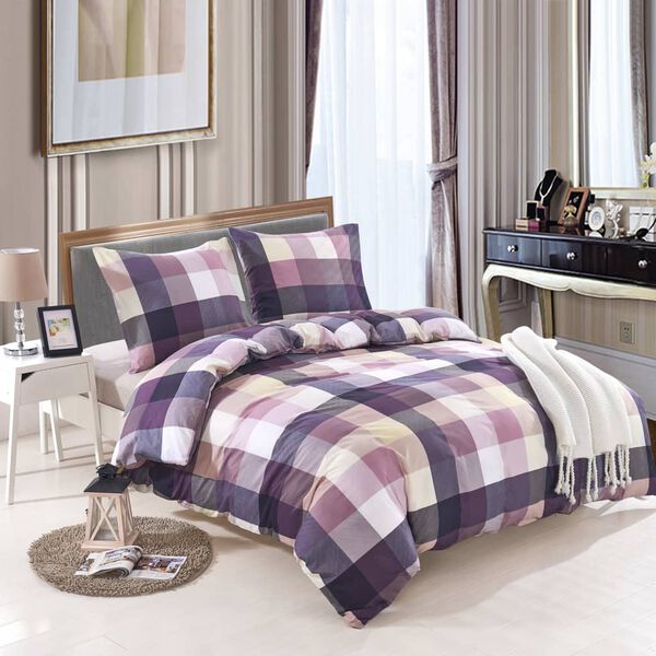 vidaXL Duvet Cover Set Purple Checkered Print 155x220/80x80 cm