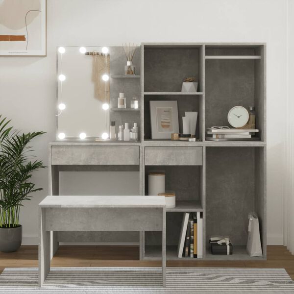 vidaXL Dressing Table Set with LED Concrete Grey Engineered Wood