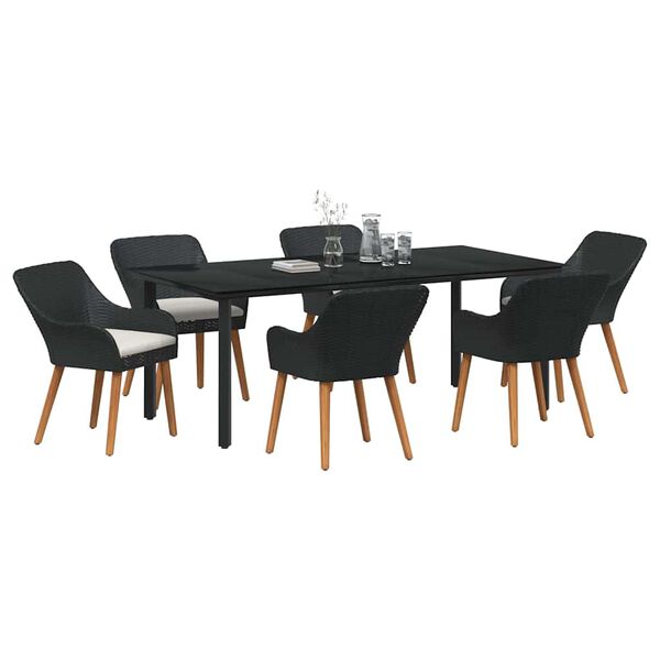 vidaXL Garden Dining Set with Cushion 7 pcs Black Poly Rattan