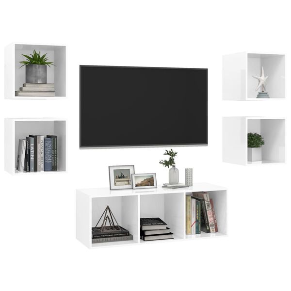 vidaXL 5 Piece TV Cabinet Set High Gloss White Engineered Wood