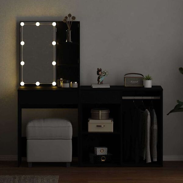 vidaXL LED Dressing Table Set with Drawer Black Oak 140 x 40 x 140 cm