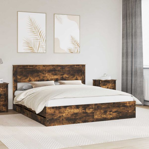 vidaXL Bed Frame with Drawer Smoked Oak 200 x 200 cm Engineer Wood