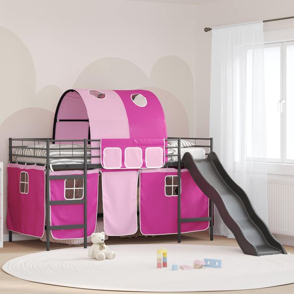 vidaXL Kids'Loft Bed Frame with Curtains, Arch, Slide Black and Pink
