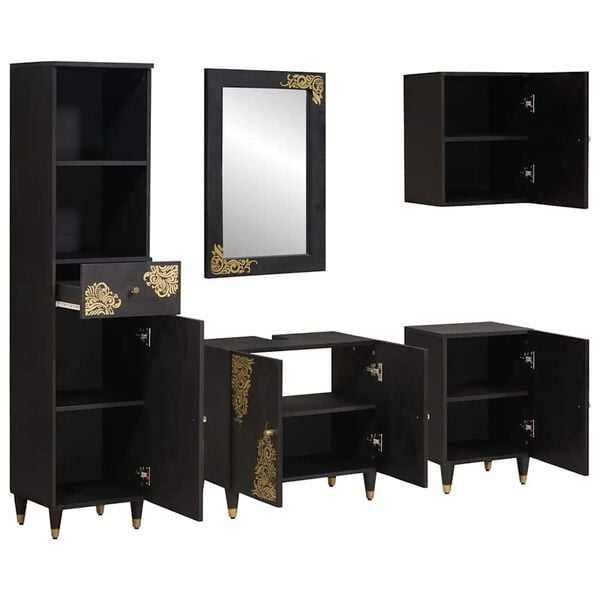 vidaXL Bathroom Cabinet Set with Drawer 5 pcs Black Solid Mango Wood