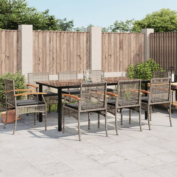 vidaXL 9 Piece Garden Dining Set with Cushions Grey Poly Rattan