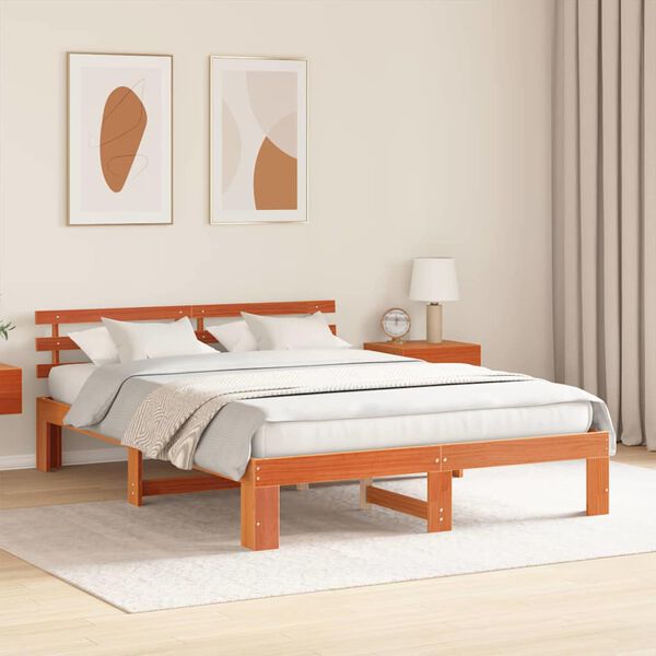 vidaXL Bed Frame with Headboard Wax Brown 150 x 200 cm Solid Pine Wood