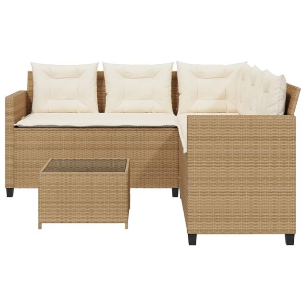 vidaXL Garden Sofa with Table and Cushions L-Shaped Beige Poly Rattan