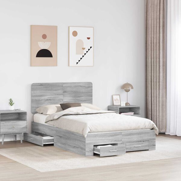 vidaXL Bed Frame with Drawer Grey Sonoma 120 x 190 cm Engineered Wood