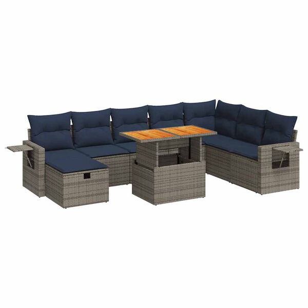 vidaXL 9 Piece Garden Sofa Set with Cushions Grey Poly Rattan Acacia