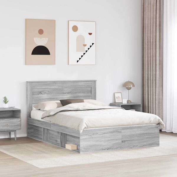 vidaXL Bed Frame with Storage Grey Sonoma 140 x 190 cm Solid Pine Wood