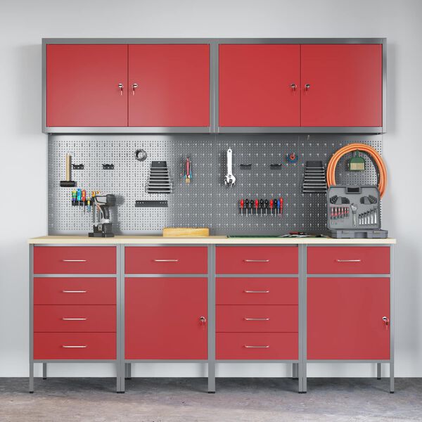 vidaXL Work Cabinet with Drawer 10 pcs Red Engineered Wood and Steel