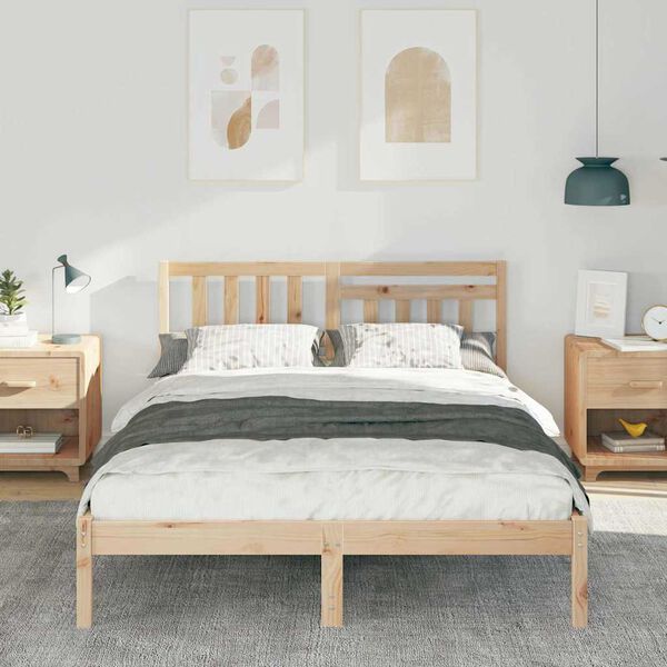 vidaXL Bed Frame with Headboard Brown 135 x 190 cm Solid Pine Wood
