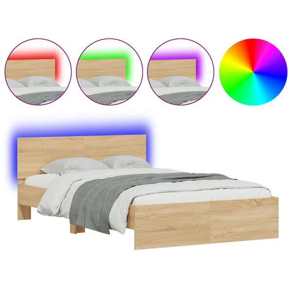 vidaXL Bed Frame with Headboard and LED Sonoma Oak 140x190 cm