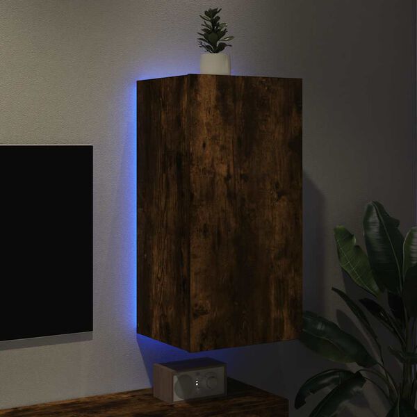 vidaXL TV Wall Cabinet with LED Lights Smoked Oak 40.5x35x80 cm