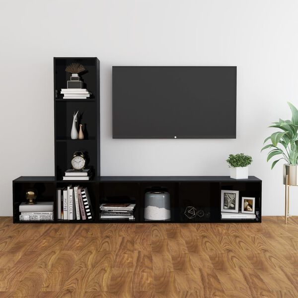 vidaXL 3 Piece TV Cabinet Set High Gloss Black Engineered Wood