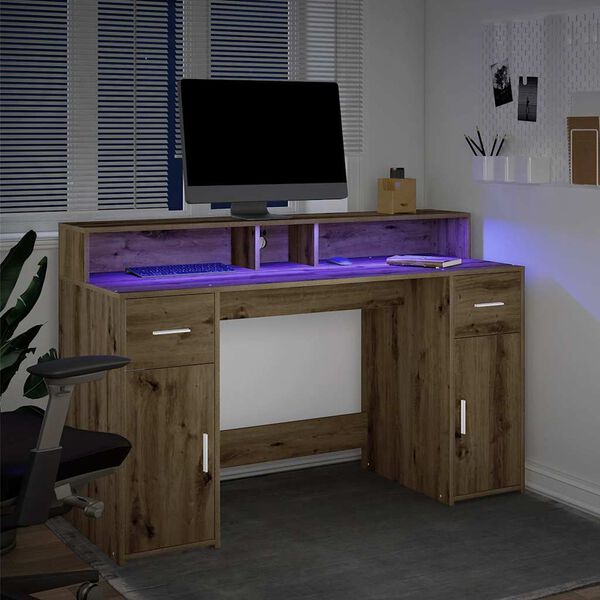 vidaXL Desk with LED Lights Artisian Oak 140x55x91 cm Engineered Wood