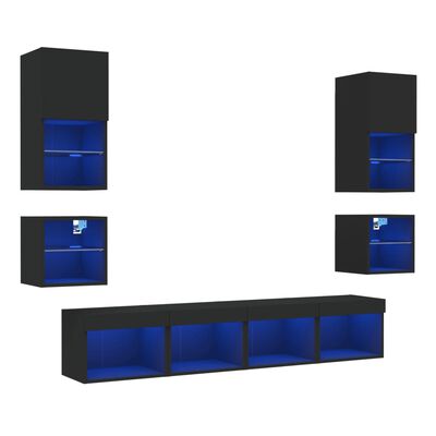 vidaXL 8 Piece TV Wall Units with LED Black Engineered Wood
