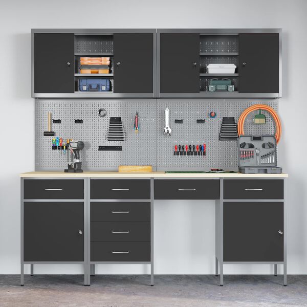 vidaXL Work Cabinet with Drawer 10 pcs Black Engineered Wood and Steel