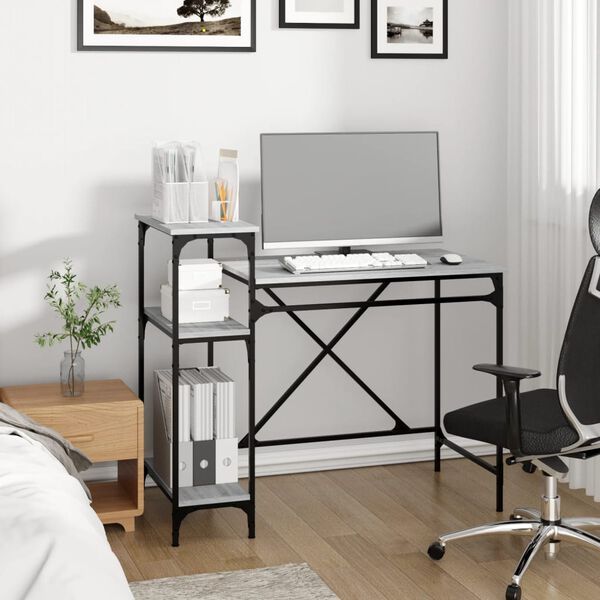 vidaXL Desk with Shelves Grey Sonoma 105x50x90 cm Engineered Wood&Iron
