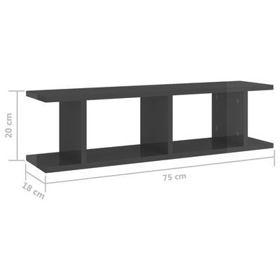 vidaXL Wall Shelves 2 pcs High Gloss Grey 75x18x20 cm Engineered Wood