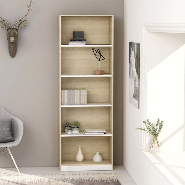 vidaXL 5-Tier Book Cabinet White and Sonoma Oak 60x24x175 cm Engineered Wood